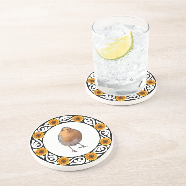 Cute lovely Robin bird Redbreast sunflower Coaster (Side)