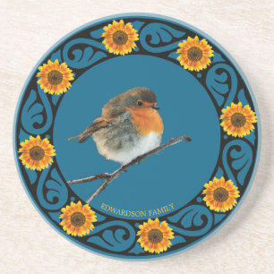 Cute lovely Robin bird sunflower monogram name Coaster