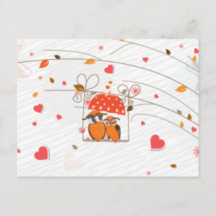 Cute lovely valentines owls in love under umbrella holiday postcard