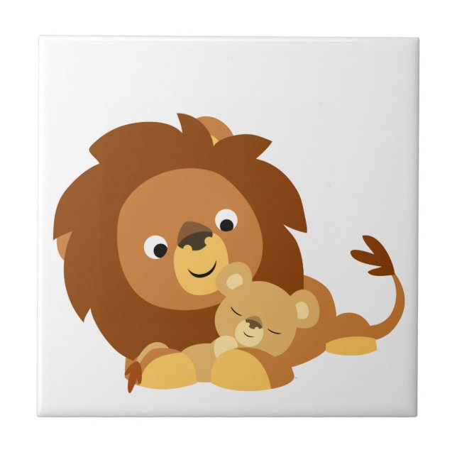 Cute Loving Cartoon Lion Dad and Cub Tile (Front)