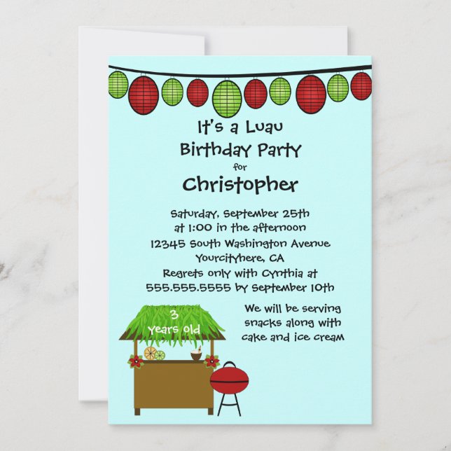 Cute luau boys birthday party invitation (Front)