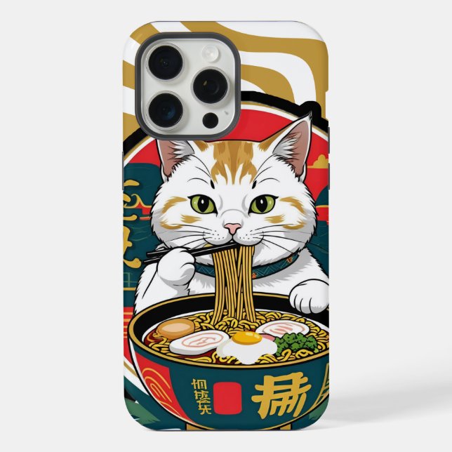 Cute Lucky Cat Eating Ramen Bowl Illustration iPhone Case (Back)