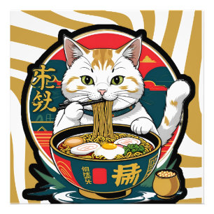 Cute Lucky Cat Eating Ramen Bowl Illustration Photo Print