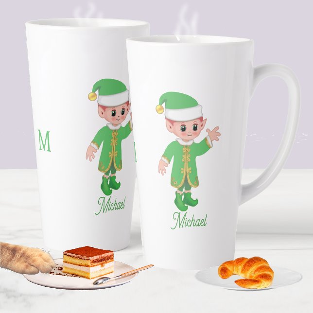 Cute Lucky Elf with Script and Monogram Latte Mug (Creator Uploaded)