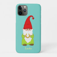 Cute Lucky Gnome with Horseshoe on Teal