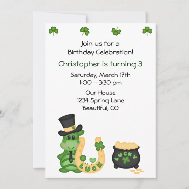Cute Lucky Irish Dragon and Clovers Boys Birthday Invitation (Front)