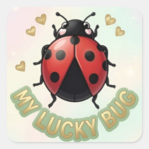Cute Lucky Ladybug With Hearts Pastel Square Sticker