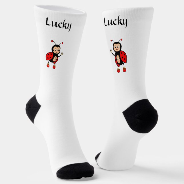 Cute Lucky Red Ladybug on White Socks (Angled)