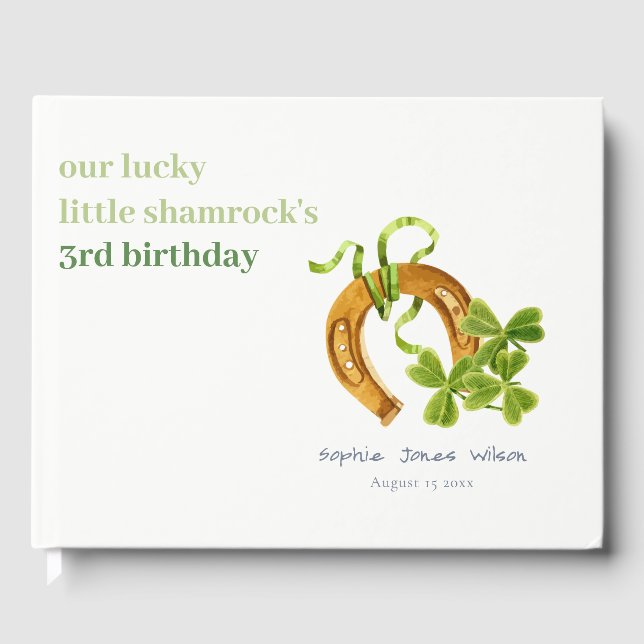 Cute Lucky Shamrock St Patrick's Day Kids Birthday Guest Book (Front)