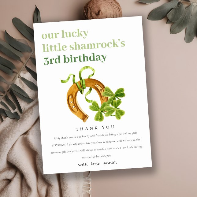 Cute Lucky Shamrock St Patrick's Day Kids Birthday Thank You Card (Creator Uploaded)