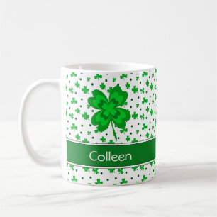 Cute Lucky Shamrocks and Dots Monogram Name Coffee Mug