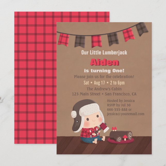 Cute Lumberjack 1st Birthday Party Invitations (Front/Back)
