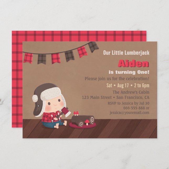 Cute Lumberjack Baby First Birthday Invitations (Front/Back)
