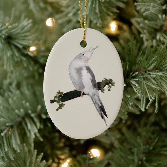 Cute Lutino Cockatiel Bird Ivy Perch Animal Ceramic Ornament (Tree)