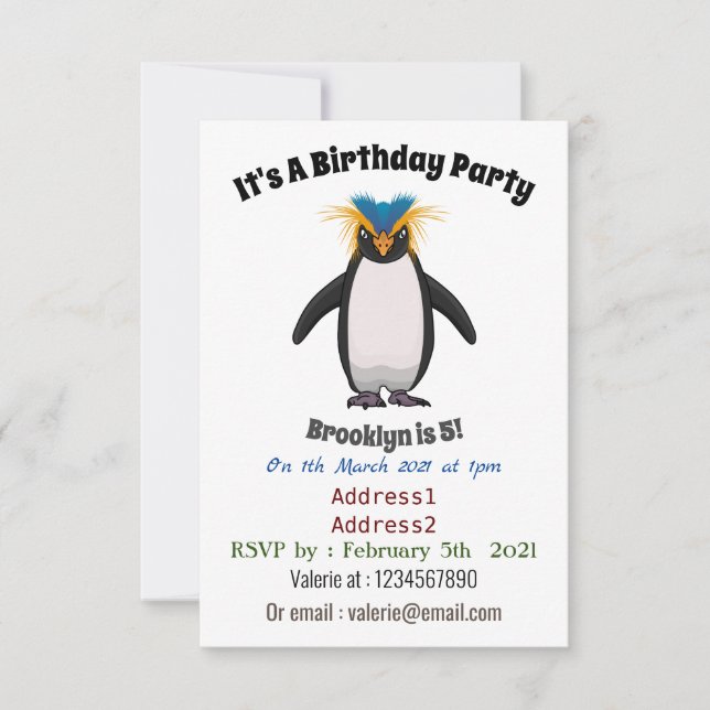 Cute macaroni penguin cartoon illustration invitation (Front)