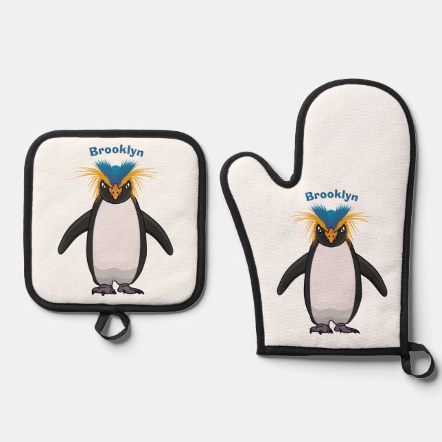 Cute macaroni penguin cartoon illustration oven mitt & pot holder set (Front)