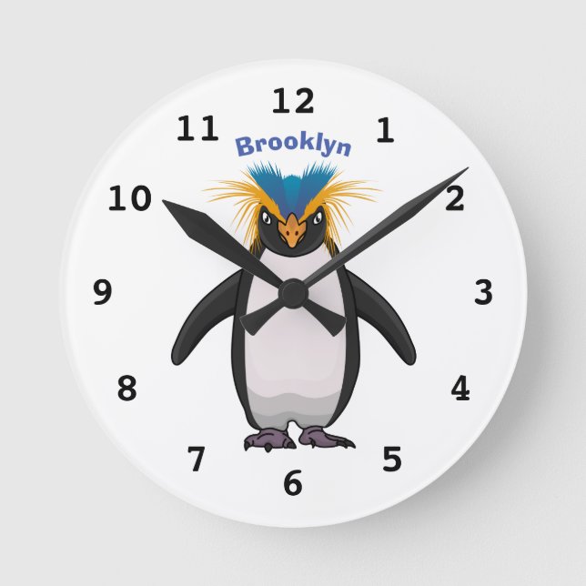 Cute macaroni penguin cartoon illustration round clock (Front)