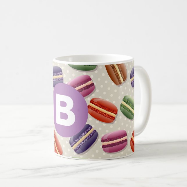 Cute Macaroon Pattern Dotty Purple Monogram Coffee Mug (Front Right)