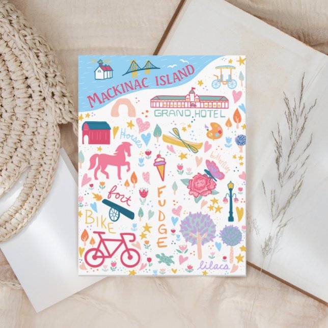 Cute Mackinac Island Michigan Favourite Things Map Postcard (Creator Uploaded)