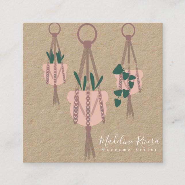 Cute Macrame Artist Handmade Design Hanging Plant Square Business Card (Front)