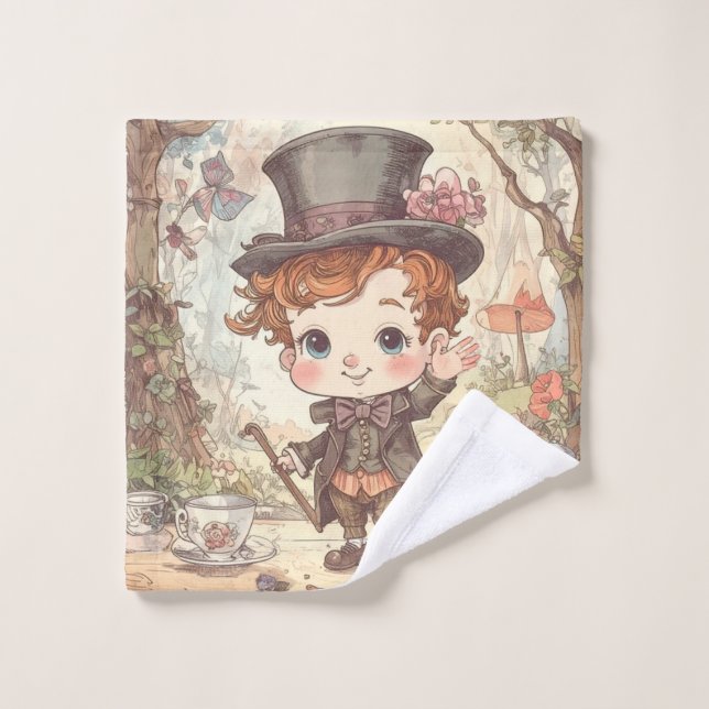 Cute Mad Hatter Whimsical Wonderland Woodland Art Bath Towel Set (Wash Cloth)
