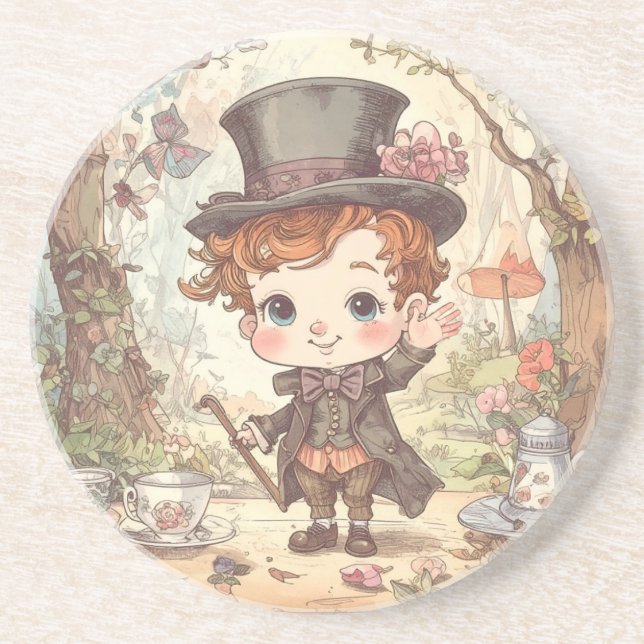 Cute Mad Hatter Whimsical Wonderland Woodland Art Coaster (Front)