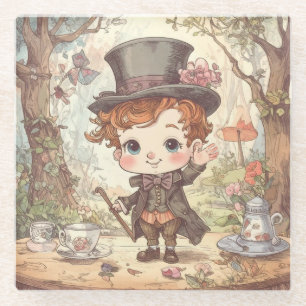 Cute Mad Hatter Whimsical Wonderland Woodland Art Glass Coaster