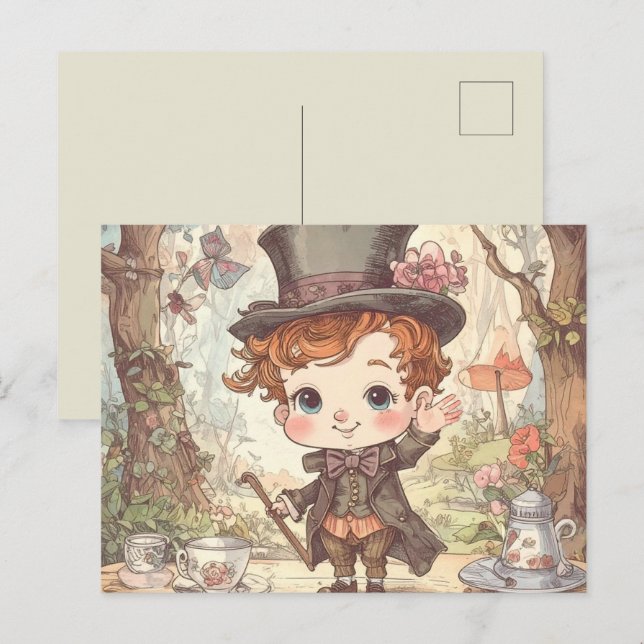 Cute Mad Hatter Whimsical Wonderland Woodland Art Postcard (Front/Back)