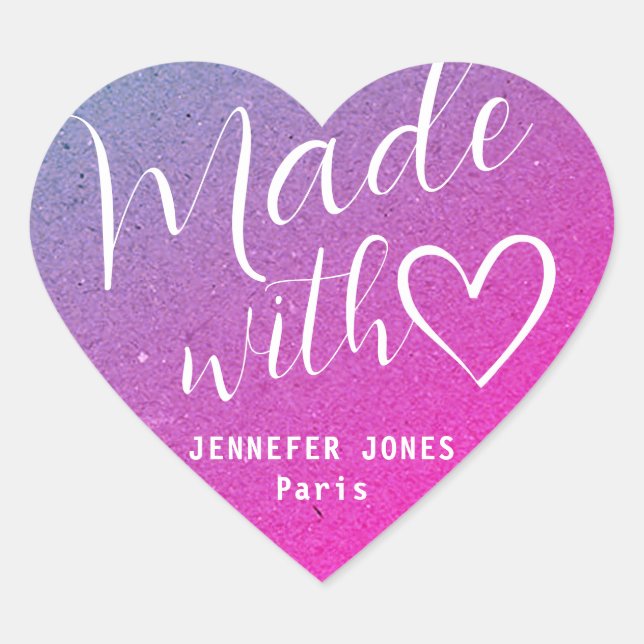 Cute Made with Love Heart Calligraphy Pink Purple Heart Sticker (Front)