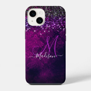 Cute magenta black faux glitter monogram iPhone 14 case