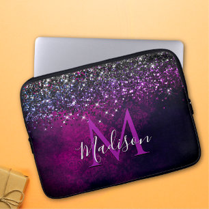 Cute magenta black faux glitter monogram laptop sleeve