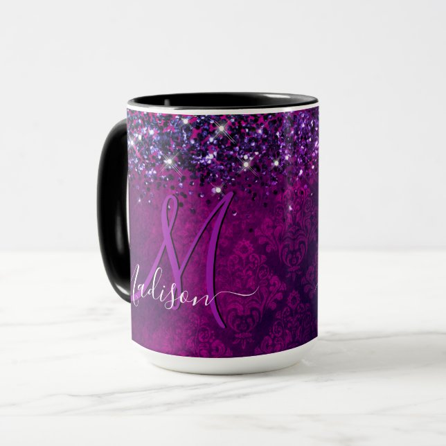Cute magenta black faux glitter monogram mug (Front Left)