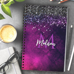 Cute magenta black faux glitter monogram notebook