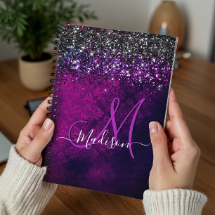 Cute magenta black faux glitter monogram planner
