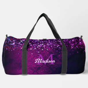 Cute magenta black faux glitter monogram printed duffle bag