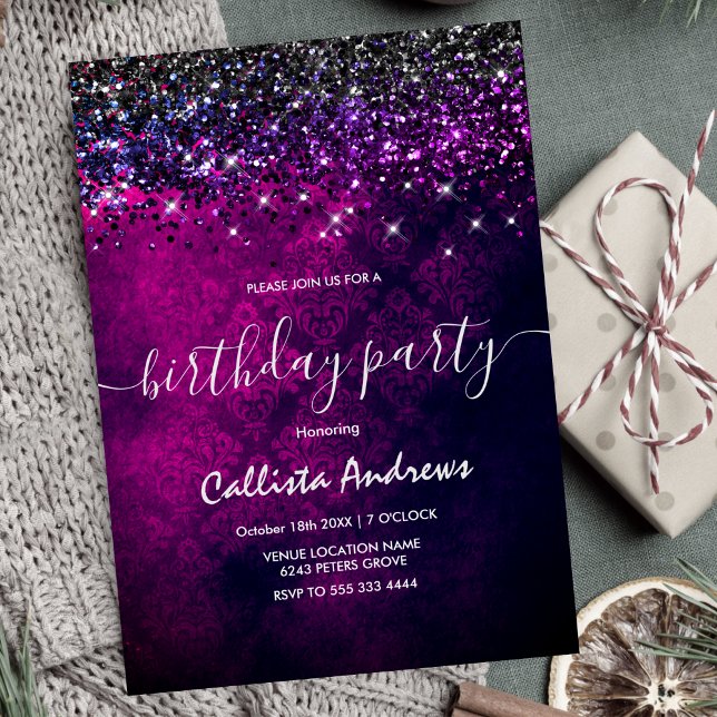 Cute magenta black faux glitter unique girly invitation (Creator Uploaded)