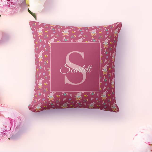 Cute magenta bunny garden pattern Monogram Name Cushion (Creator Uploaded)