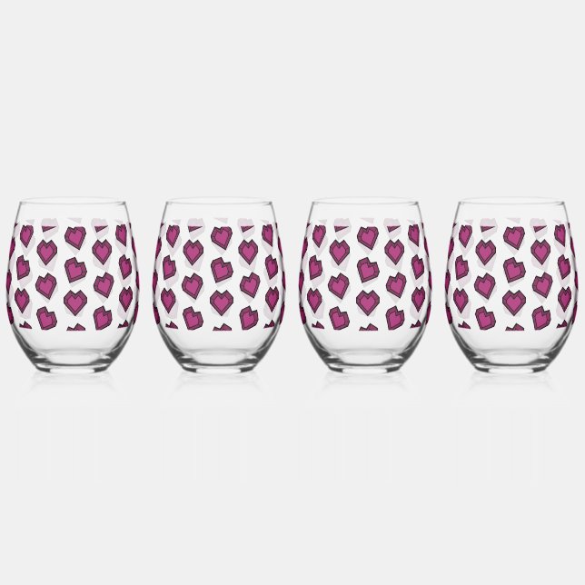 Cute Magenta Dark Pink Gemstone Heart pattern Stemless Wine Glass (Front)