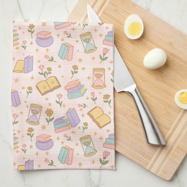 Cute Magic Books Pastel Pink Tea Towel (Quarter Fold)