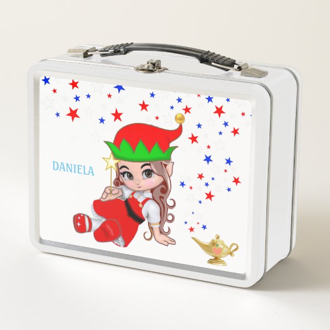 Cute Magic Fairy and Stars on White Metal Lunch Box (Front)