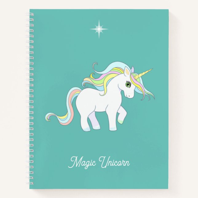 Cute Magic Unicorn on Teal Notebook (Front)