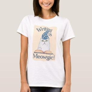 Cute Magic Writing Cat Cartoon Art Design T-Shirt