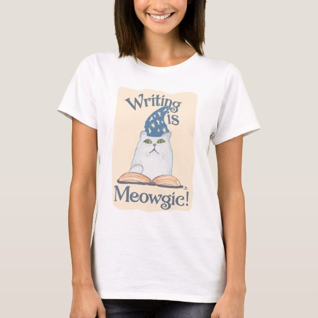 Cute Magic Writing Cat Cartoon Art Design T-Shirt (Front)