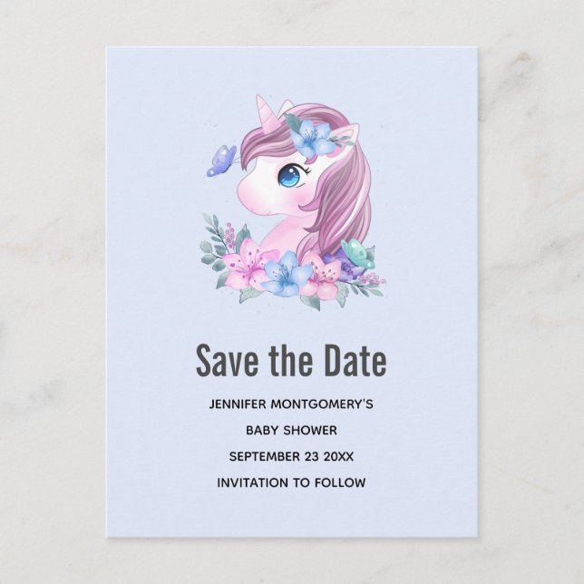 Cute & Magical Baby Unicorn Save the Date Invitation Postcard (Front)