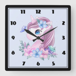 Cute & Magical Baby Unicorn Watercolor Square Wall Clock