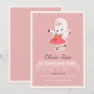 Cute Magical Ballerina Unicorn Pink Girl Birthday Invitation