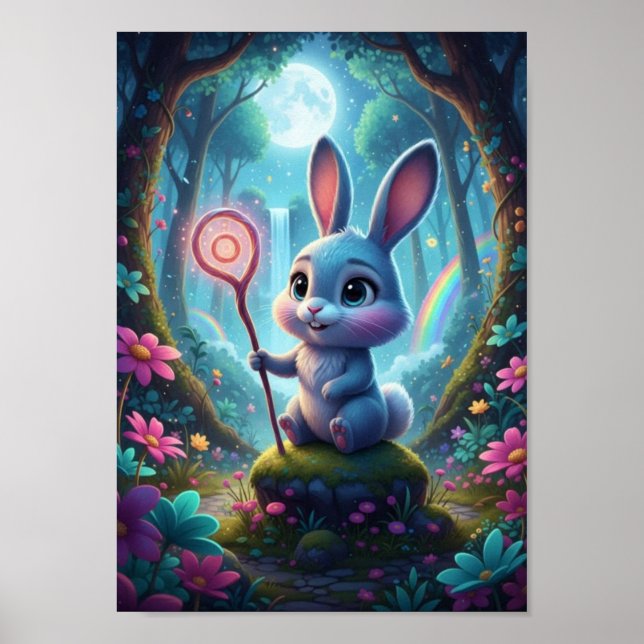 Cute Magical Bunny Rabbit Magic Wand Moon Poster (Front)