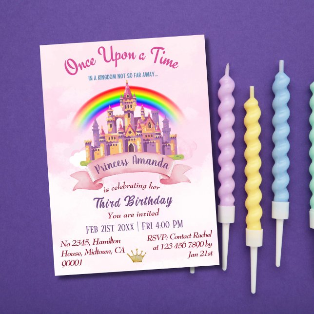 Cute magical castle rainbow princess 3rd birthday invitation (Creator Uploaded)