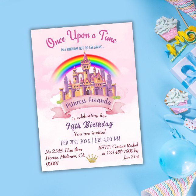 Cute magical castle rainbow princess 5th birthday invitation (Creator Uploaded)