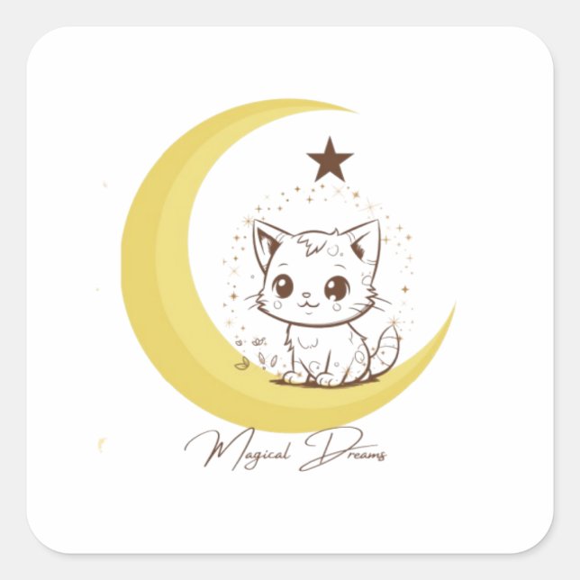 Cute Magical Cat on Moon Starry Dreams - Round Cla Square Sticker (Front)